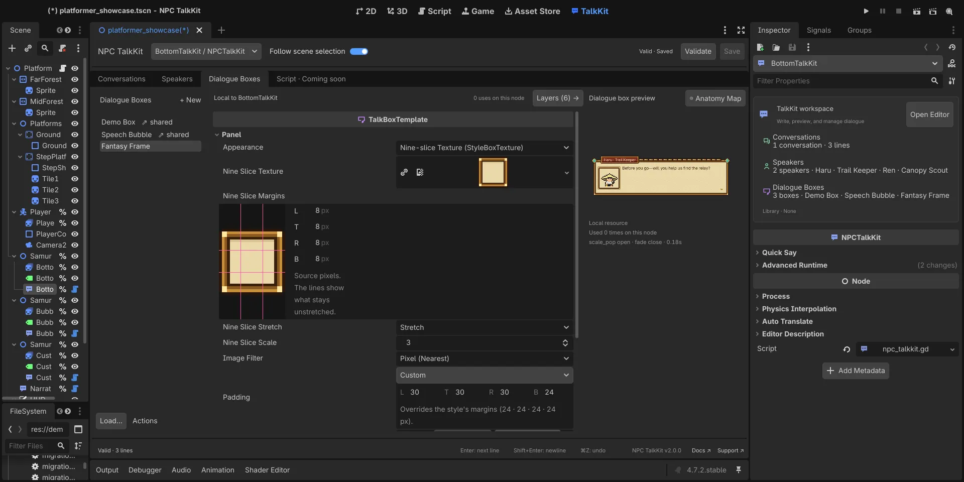 The Dialogue Boxes workspace in the Godot editor